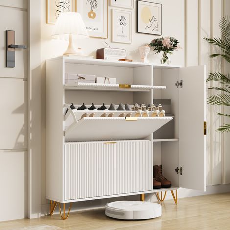 Meuble à chaussures blanc - maximale 26 paires - 1 porte d'armoire à charnières, 3 portes abattantes - Poignées en métal - H.118 x l.110 x P.32 cm (1/5)