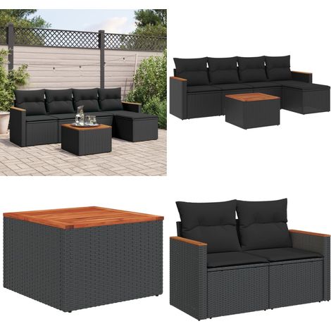 Salon de jardin 6 pcs avec coussins noir résine tressée - Ensemble Salon De Jardin - Mobilier Extérieur - Jardin Design - Chaise Lounge - Set Salon - Home & Living (1/5)