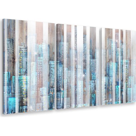 Tableau triptyque graphique manhattan bleu - 90x60 cm Toile imprimée (1/3)