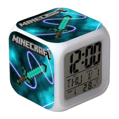 Bunter Minecraft-LED-Wecker, farbwechselnder Cartoon-Schülerwecker, geräuschloses Nachtlicht, Weihnachtsgeschenk, Geburtstagsgeschenk 01 (1/5)