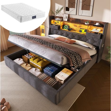 lit coffre 160x200 LED avec matelas lin gris HAVRYA (1/5)