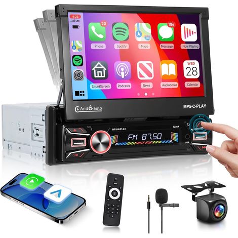 【2+64G】 Autoradio Android 1 Din Carplay sans Fil avec Ecran 7 Pouces Rétractable Automatique, Poste Radio Voiture Bluetooth avec Android Auto RDS FM WiFi GPS EQ USB+Caméra de recul (1/5)
