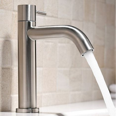 Inset or countertop basin tap in 304 stainless steel, cold brushed finish, low profile, for bathroom.