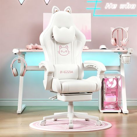 Xhomrattan Chaise de Gaming Ergonomique avec Oreilles de Chat pour Filles et Adultes, Chaise de Jeu d'ordinateur réglable en Hauteur avec Appui-tête et Support Lombaire de Massage - Blanc
