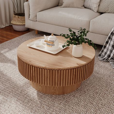 Table basse ronde 75 cm avec rangement, design rainuré, placage bois et MDF, style moderne, naturel