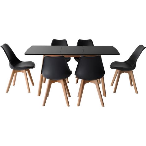 Happy Garden – Ensemble table extensible 120/160cm avec 6 chaises ergonomiques – Plateau MDF noir – Pieds en bois de hêtre – Design scandinave
