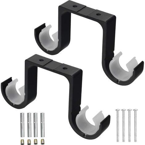2 soportes de barra de cortina dobles de aleación de aluminio para montaje en pared y techo, con 4 tornillos y tubos de expansión, ganchos ajustables para cortinas y barras de ropa. (1/5)