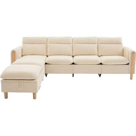 Canapé d'angle U 4 places en chenille beige – 2 poufs de rangement, modulable – pour salon ou grand séjour (1/5)