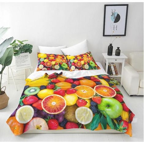Housse de Couette 140x200 cm avec 2 Taies d'oreiller 65x65 cm Microfibre Parure de Lit Imprimé Coloré Fruits Fermeture Éclair - HEJ (1/4)