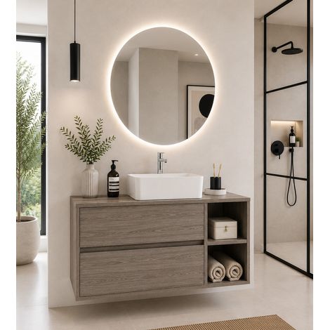 Mueble de baño con encimera de madera y lavabo sobreencimera ORIGENBATH ZEUS sin espejo 70x45 cm derecha Roble smoky