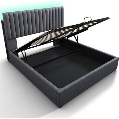 Letto matrimoniale imbottito 140 x 200 cm con contenitore, LED, USB Type-C, grigio (1/5)
