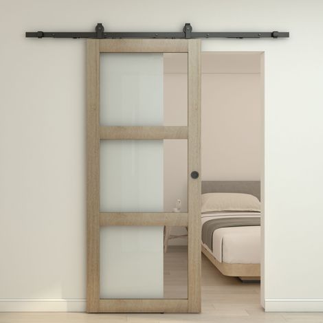 Holzschiebetür Komplettset 1025x2150 Eiche Landhausstil mit Glaseinsatz und schwarzem Beschlag inkl. Softclose (1/5)