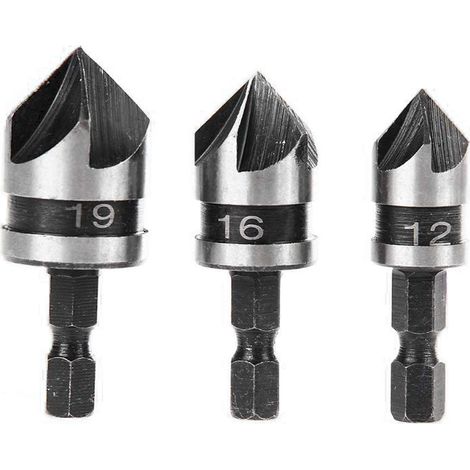 3pcs 90 Degrés 5 Flûte Fraises à Chanfreiner Set Pour Bois, Métal Changement Rapide 1/4" Hex Foret à Chanfreiner en Acier au Carbone Outil de Coupe de Chanfreinage de Bois 12/16/19mm (1/5)