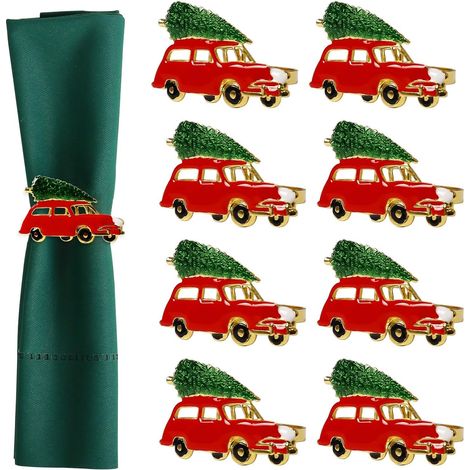 Ensemble de 8 Anneaux à Serviettes de Noël, Boucles de Serviettes en Forme de Camion Rouge avec Sapin, pour Thanksgiving, Décoration de Table, Banquet, Fête, Dîner Familial (Camion avec Sapin) (1/4)