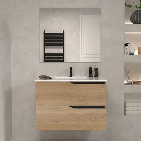 Meuble de salle de bain 60cm simple vasque - 2 tiroirs - madera miel (bois clair) - LUNA (1/5)
