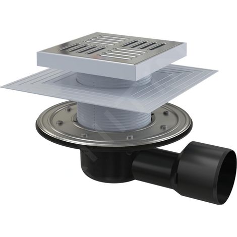 Alca - Siphon de sol latéral 15x15 cm, diamètre 5/8 cm, 2ème niveau d'isolation, arrêt de l'eau et des odeurs sèches, acier inoxydable/plastique APV3444 (1/3)