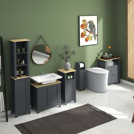 Armoire de salle de bain en MDF et en carton comprimé à 3 étagères interne réglable et 2 portes - 60x30x80,5 cm - gris et couleur bois (1/4)