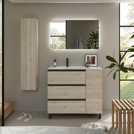Mueble de Baño BEQUIA PLUS METAL 3C 90cm Natural Lavabo Porcelana grifo izquierda (1/5)