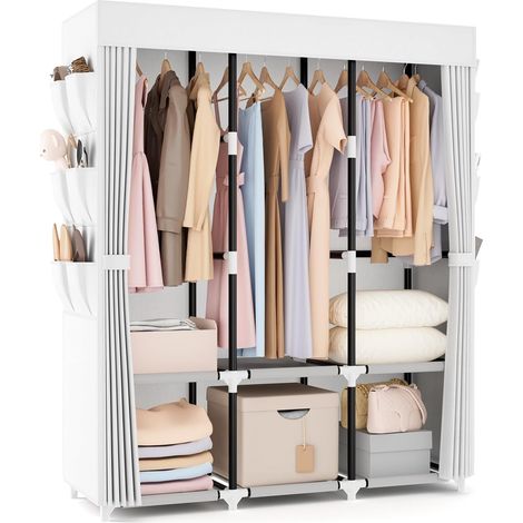 Armoire en Tissu, Wardrobe Armoire Chambre avec 3 tiges de Suspension, 6 étagères de Rangement et Poches latérales, Tube métal de 19 mm, Dressing Garde Robe Adulte pour Chambre à Coucher Blanc