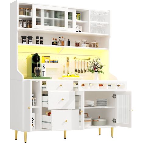 Credenza Alta da Cucina con Ante Scorrevoli in Vetro, Cassetto, Ripiani Regolabili, LED, Portabicchieri, Bianco 145x39x171 cm (1/5)
