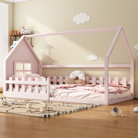 Letto capanna bambino 90x200 cm con sponde di sicurezza, senza materasso, rosa (1/5)