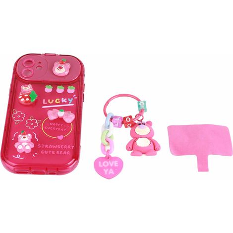 Pendentif en peluche 3D de dessin animé pour iPhone 13 Pro Max, Apple 12, miroir, XR, style couple, rouge rose, ours fraise 3D + pendentif pour iPhone 12. (1/5)
