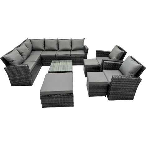 Fimous 11 Seat Poly Rattan Outdoor Patio Coffee Table Corner Sofa Set with 3 Stool 2 Chairs for Garden Backyard Dark Grey Mixed (1/5)