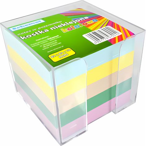 Schema di un quaderno a forma di cubo, colorato e non incollato, in un contenitore di dimensioni 84x84x70mm. (1/2)