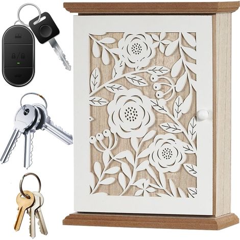 Armoire À Clés 6 Crochets, Armoire À Clés en Bois avec Cavité Géométrique, Boîte À Clefs Murale en Bois, Style Maison De Campagne, Placard Murale pour Rangement pour Entrée, Couloir, Bureau