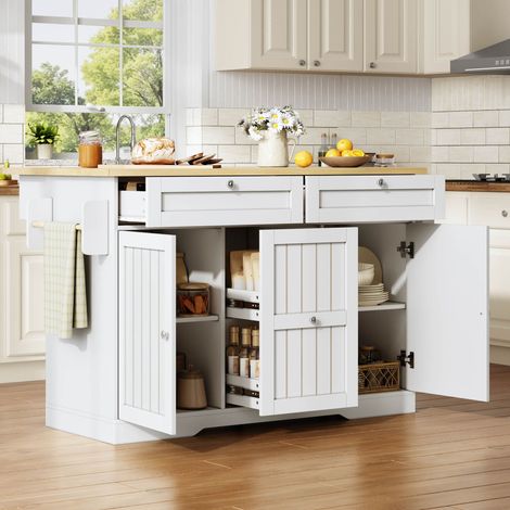 REDOM - Isla de cocina - 120x45(70)x92 cm - Tablero plegable - 4 cajones - Almacenamiento lateral - Ruedas con freno - MDF - Natural y blanco