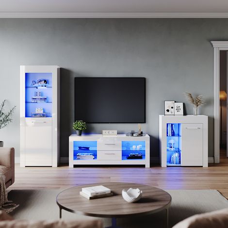 ELEGANT Modern High Gloss Living Room Set with RGB LED Lights Display Cabinet Storage Unit + 1300mm TV Stand Cabinet White Furniture Set 1