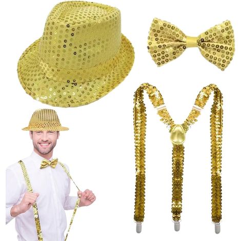 Set Accessoires a Paillettes pour Homme avec Chapeau Brillant Nœud Papillon et Bretelles, Tenue Scintillante pour Carnaval Soirée Fête et Performances de Danse (1/5)
