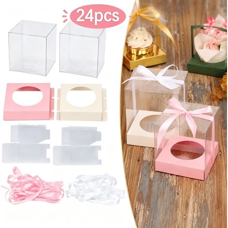 24 Pièces, Couleur Transparente, Boîtes Cadeaux avec Fenêtre Ronde en Plastique, 9 x 9 x 9 cm, pour Fêtes, Mariage, Emballage (1/5)