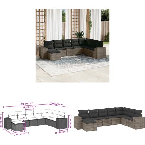 8-tlg. Garten-Sofagarnitur mit Kissen Grau Poly Rattan - Gartenmöbel - PE-Rattan - Outdoor Möbel - Lounge Set - Sofasitzgruppe - Home & Living