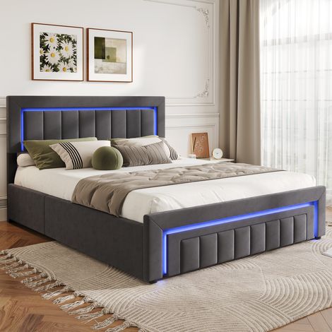 Lit coffre 140x190 cm, lit avec LED, rangement hydraulique, tiroir, sommier à lattes, en velours, gris, sans matelas (1/5)