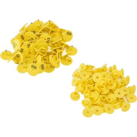 100 boucles auriculaires anti-chute pour bétail (porcs, renards, moutons), rondes et numérotées, jaunes. (1/5)