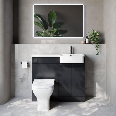 Napoli 250 Gloss Grey 1000mm 2 Door Vanity Unit Toilet Suite with Right Hand Round Rico Semi Recessed Basin - 1000mm - Matt Black 160mm HandleWith Kingston Toilet Pan and Seat
