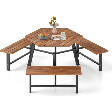 Costway – Ensemble table et banc en bois d'acacia pour 6 personnes – Plateau rainuré avec trou pour parasol – Structure métallique robuste – Patins antidérapants (1/5)