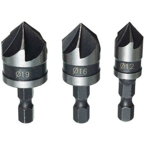 3 Pièces 1/4" Tige Hexagonale HCS Fraise à Chanfreiner 5 Flûte 90 Degrés Foret Embouts Pour Phanfreiner Évier à Fraise Conique 12mm/16mm/19mm Pour Bois, Plastique, Aluminium (1/5)