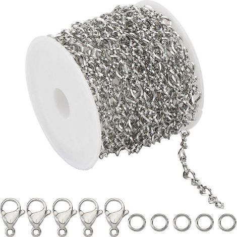 Bobine de chaîne torsadée en acier inoxydable de 5 m (16,4 pieds), maillons 7 x 4 mm, lot de 50 anneaux ouverts et 20 fermoirs mousquetons. (1/5)