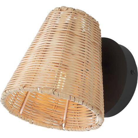 Applique murale noire avec abat-jour en osier orientable 15cm