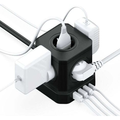 Multiprise cubique 9 en 1 avec USB, 5 prises dont 4 ports USB, prise avec interrupteur, parasurtenseur avec interrupteur et câble de 2 m, rallonge 4 000 W, noir (1/3)