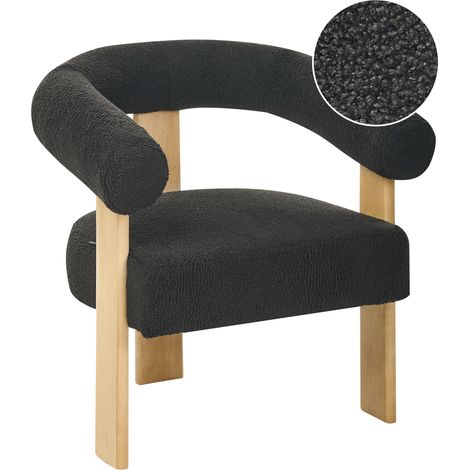 Sillón retro salón tapizado de bouclé patas de madera negro y marrón claro Ilbro