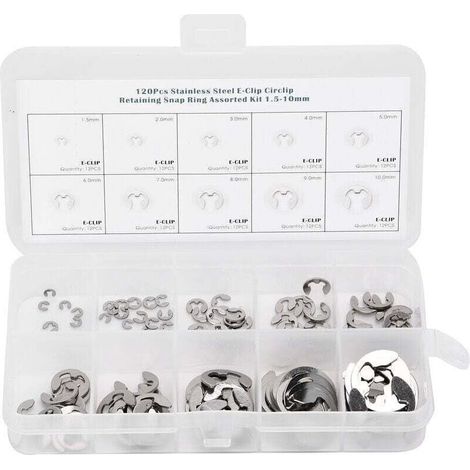 120-teiliges Sortiment an Edelstahl-E-Clip-Unterlegscheiben, Sicherungsringen und Sprengringen (1,5 mm–10 mm) (1/4)