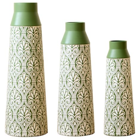 Vasi decorativi in metallo verde, set di 3 dimensioni (61,5 cm, 51 cm, 43,5 cm), stile retrò, ideali per fiori secchi ed erba di pampas, non stagnati, per decorare soggiorno e ingresso.