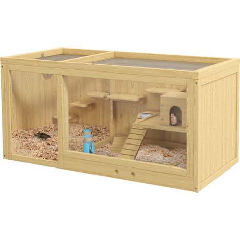 Jaula de madera para hámster con bebedero, plataformas, techo abatible, bandeja deslizante, casita, columpios y acabado en madera natural.