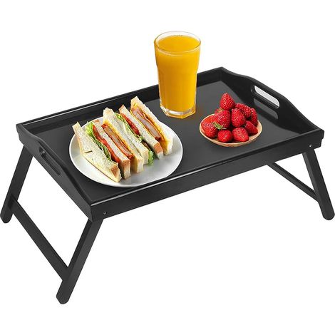 1 Plateau De Lit Avec Pieds Pliants, Bambou Robuste, Bords Surélevés, Pour Petit-déjeuner Et Lecture
