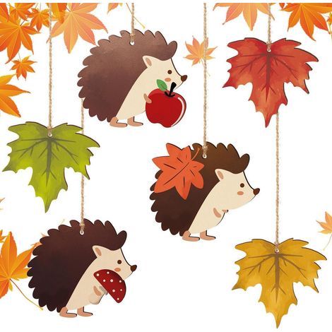 Hängende Herbstdekoration aus Holz mit Igeln und Ahornblättern, 9er-Set