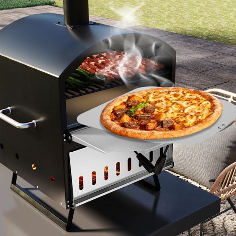 Four à Pizza Extérieur à Bois Four à Pizza à Deux Couches Extra-Large avec Pierre Carrée Pelle à Pizza Grilles de Cuisson & Housse Noir (1/2)