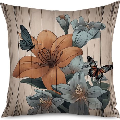 Housse de coussin bois rustique et fleurs d'été (1/5)
